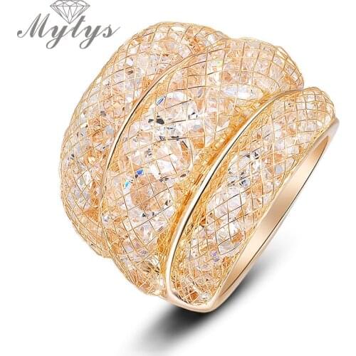 Mytys Fashion Gold Mesh Crystal Ring Size 6 7 8 9 10 Clear Zircon Statement Rings for Women R561