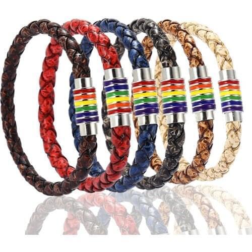 New Braided Leather Bangles Bracelets Stainless Steel Gay Pride Rainbow Magnetic Bracelet Men Women Charms Bracelet Dropshipping