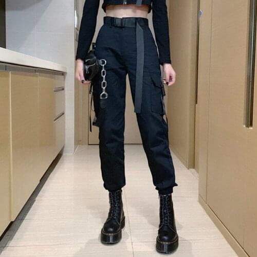 Autumn 2021 Cargo Pants Women Embroidery Panelled Pockets Trousers Black Metal Chain Patchwork High Waist Pants 2 pieces + belt