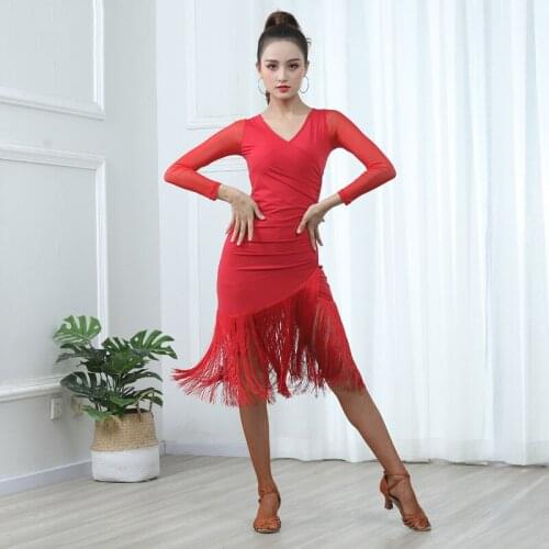 2021 Sexy Women Fringed Latin Dance Dress Training Tassel Clothing Ballroom Dress Tango Modern Rumba Performance Dance Wear