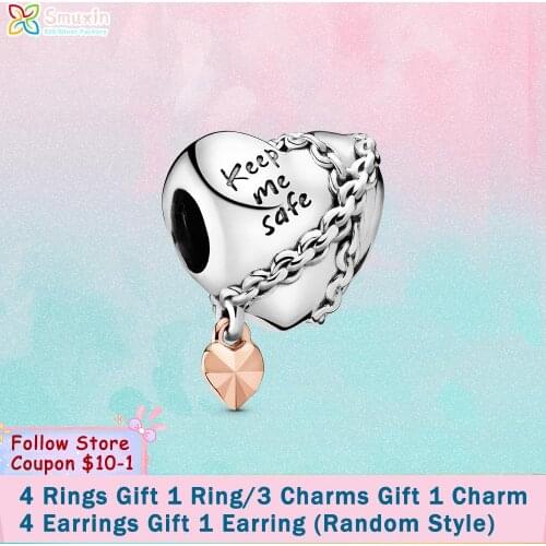 Smuxin 925 Sterling Silver Beads Chained Heart Charms fit Original Pandora Bracelets for Women Jewelry Making Girl Gift
