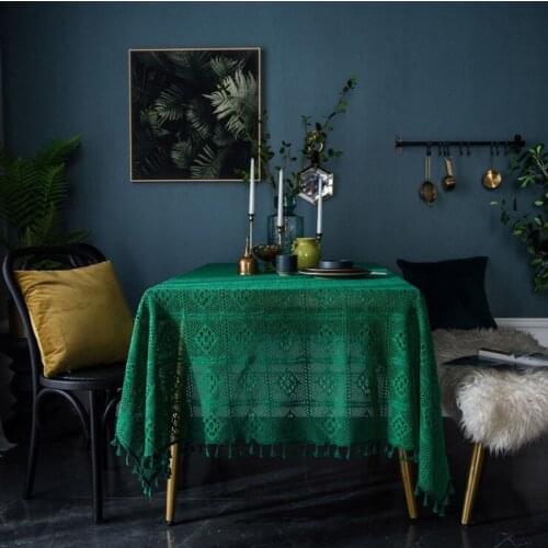 Retro Dark Green Handmade Crochet Tablecloth Cotton Knit Hollow Coffee Tables Cover Cloth Background Decoration Cloths