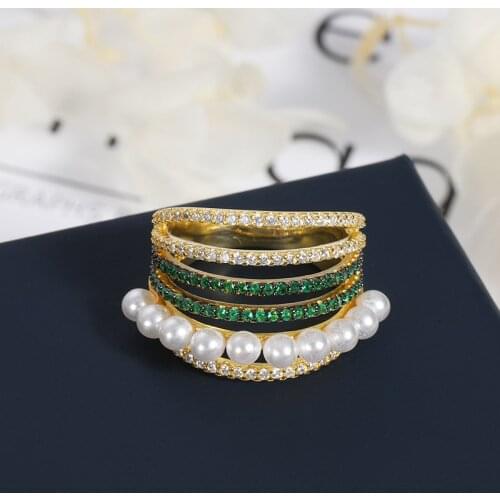 Luxury Pearl Female Rings Gold Color Bling Big Wide Zircon Ring Shiny Exaggerated Party Ring For Women Zk30
