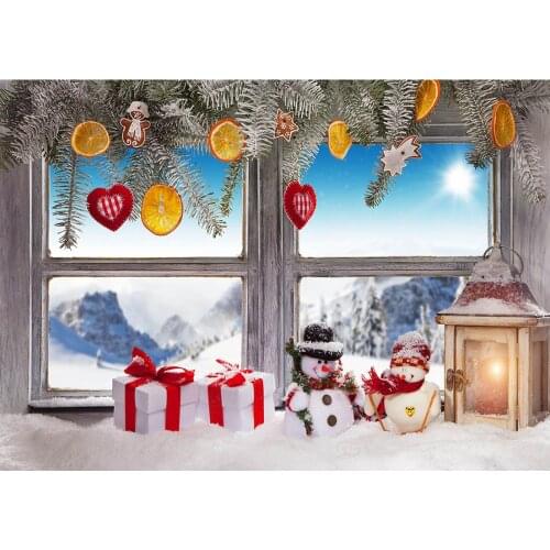 Christmas Snowman Lamp Gift Window Scenery Photography Background Vinyl Cloth Backdrop for Children Baby Shower Photoshoot Props