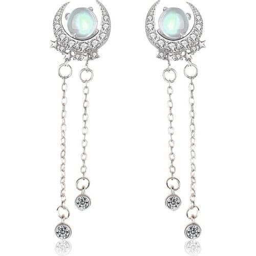 S925 Sterling Silver Stud Earrings Womens Fashion Moonstone Earrings Tassel All-match Earrings