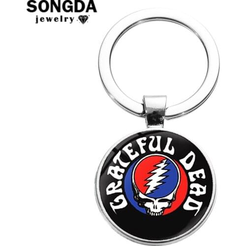 SONGDA Vintage Grateful Dead Key Chain Punk Rock Cool Logo Print Glass Dome Pendant Key Ring Classic Silver Color Alloy Keychain
