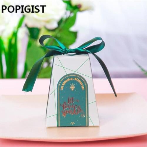 Wedding Favors Supplies Green Trapezoid Floral Candy Boxes Gift Box With ribbon Bomboniera 50pcs