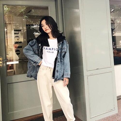 Spring Faux 2 Piece Women Log Sleeve Loose Fit Denim Jacket Boyfriend Style Hoodie Fashion Casual Female Jacket Coats Streetwear