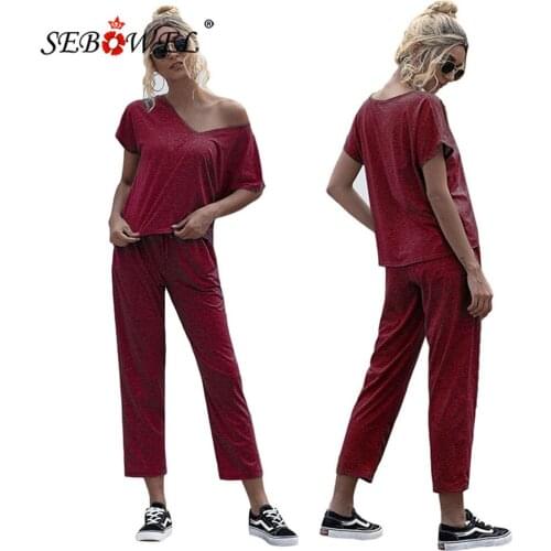 SEBOWEL V-neck Short Sleeve 2-piece Casual Womans Pants Suit Summer 2020 Lady Loose Style Top T-shirt + Trousers Sets Outfits