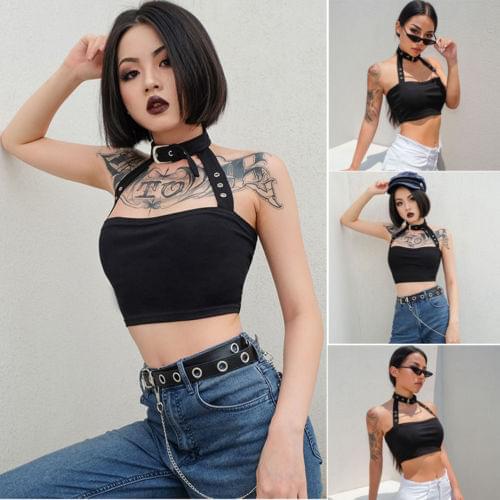 2020 Hot Sexy Women Summer Sleeveless Harajuku Short Vest+Necklace Crop Tops Black Gothic Tank Top Sleeveless Bandeau T-Shirt