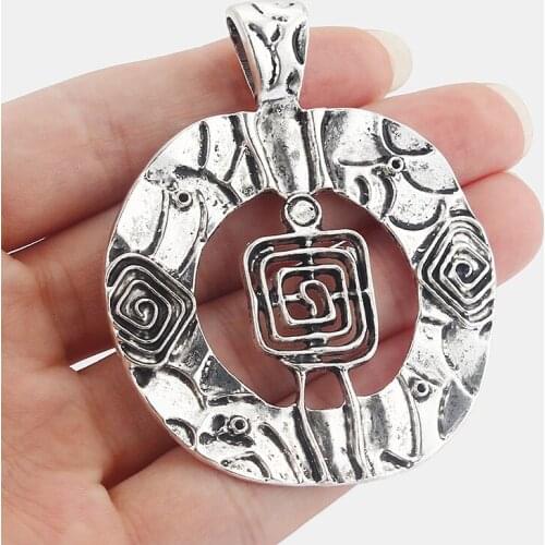 2PCS Antique Large Hollow Carved Swirl Spiral Hammered Round Charm Pendant for Necklace Making Jewelry Findings 72x57mm