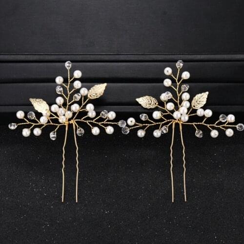 2pcs Handmade Gold Leaf Bride Hair Sticks Headpiece Simulated Pearl Crystal Hairpin Hair Pin Hair Jewelry Wedding Accessories SL