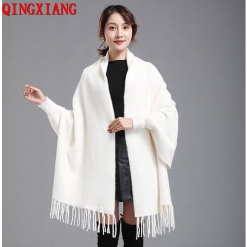 2021 Plus Size Faux Mink Cashmere Autumn Winter Two Side Warm Tassel Cape Women Thicken Poncho Loose Long Velvet Streetwear Coat