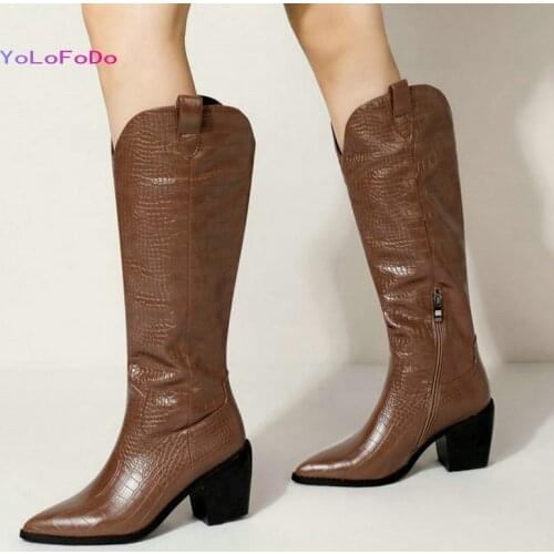 2021 Autumn Winter Women Knee High Boots Comfortable Square Heel Pointed Toe Women Western Boots Faux Leather Zipper Women Shoes