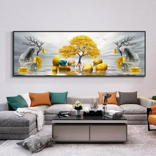 Abstract Gold Tree and Deer Canvas Painting Stone Landscape Posters and Prints Scandinavian Wall Art Picture for Living Room