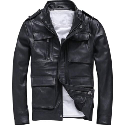 Free shipping.Plus size Brand classic pockets goatskin slim Jacket,mens genuine Leather safari style jacket.warm Detachable