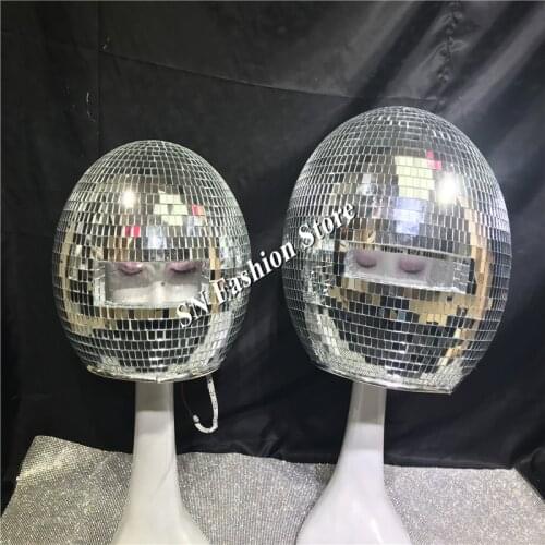 DC87 Ballroom dance costumes mirror men women singer stage show wears dj clothe Glass ball led helmet catwalk disco performance