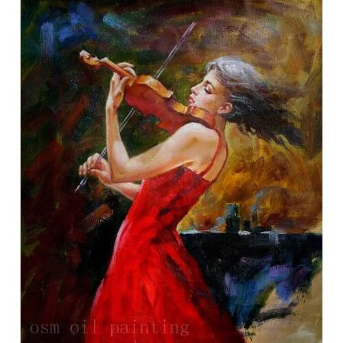 High Skill Hand Painted The Girl Portrait Oil Painting on Canvas Handmade Sexy Lady Play the Violin in Red Dress Wall Painting