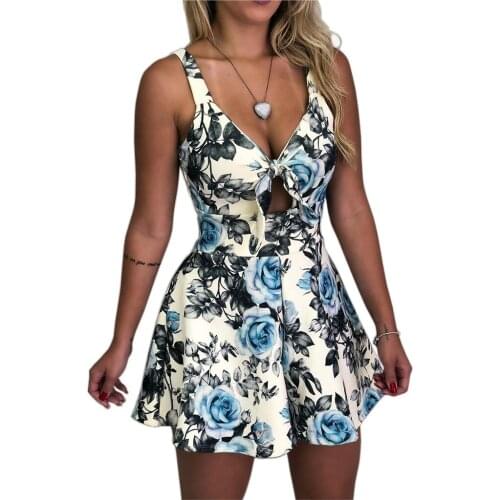 Summer Rompers Bohemian Fashion Flower Print Sexy Bow V Neck Sleeveless Tank Hollow Out Casual Loose Vacation Short Playsuits