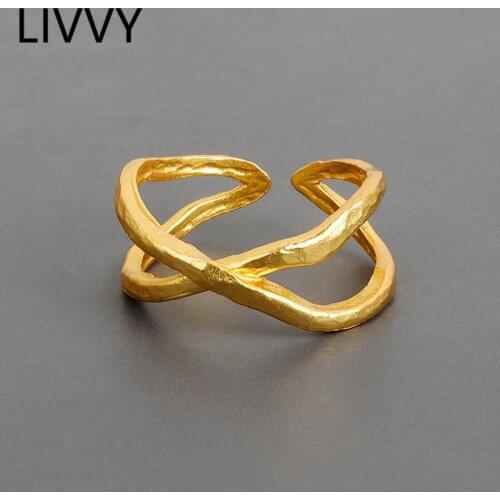 LIVVY Silver Color European RoundResizable Intersecting Ring Retro Fashion Tide Flow Open Rings 2021 Trend