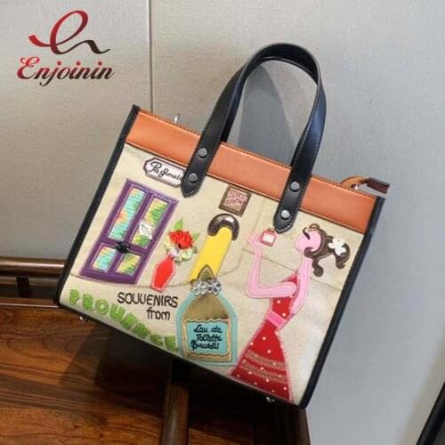 Cute Cartoon Design Ladies Totes Embroidered Large Capacity Handbags Fashion Women Shoulder Bag Purses Canvas Stitching Chic