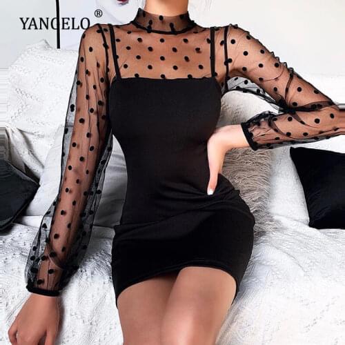 Dot Patchwork Long Sleeve Mini Dress Black Gauze Sexy Womens Dresses Night Club Clothes Vintage Style Halloween Party Xmas