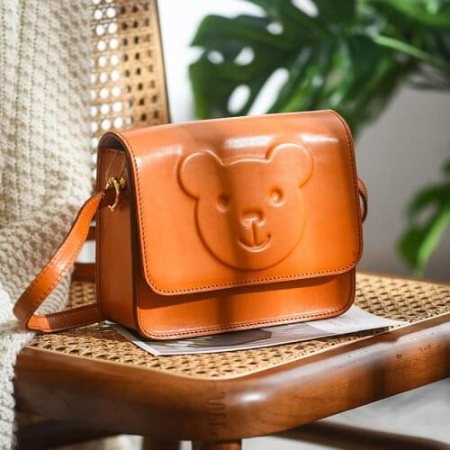 Fashion luxury designer natural real cowhide ladies mini cute bear shoulder bag daily weekend party messenger small square bag