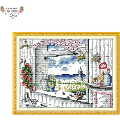Joy Sunday Seaside Cottage Home Decor F666 Counted Stamped The Scenery Out Of The Window Embroidery Cross Stitch Kit