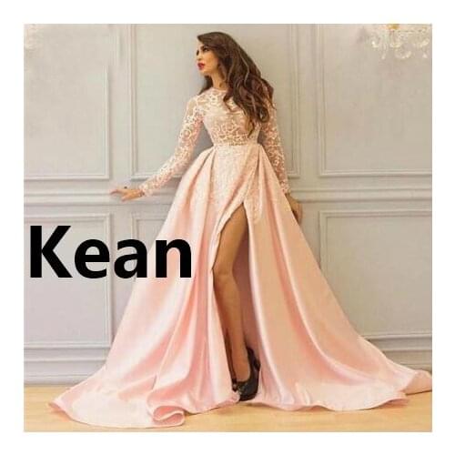 Peach High Slit Evening Dresses Full Sleeve See Through robe de soiree Evening Gowns Prom Dress Vestidos De Festa