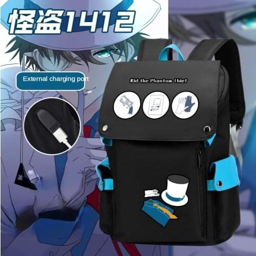 Detective Conan Kaitou Kiddo USB Laptop Backpack Black Bookbag Cartoon School Bags for Teenage Kids Travel Bagpack Shoulder Bags