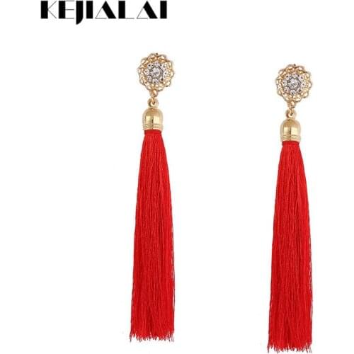 KEJIALAI Rhinestone Long Tassel Drop Earrings for Women Bohemia Red Black Crystal Dangle Earrings Party Bijoux QD-E0621