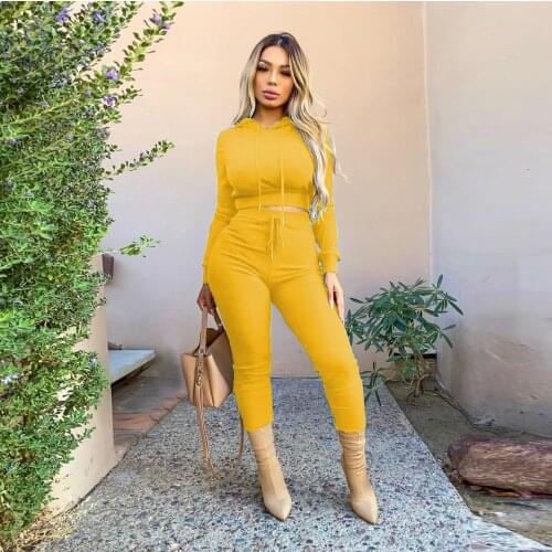 CXUEY Hooded Sweater Sports Outfit Female Set 2 Pcs Lycra Gym Workout Clothes for Women Long Sleeve Fitness Set Tracksuit Yellow