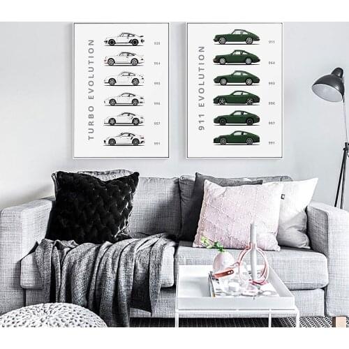 The Evolution of 911 and Turbo Canvas Painting on The Wall Car Poster and Prints Decor for Home Modern Style Frame