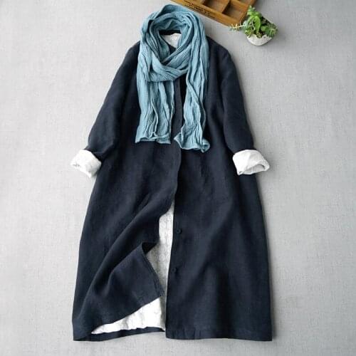 Spring Autumn Women All-match Casual Loose Plus Size Japanese Style Brief Stand Collar Comfortable Linen Trench Coats 2 Colors