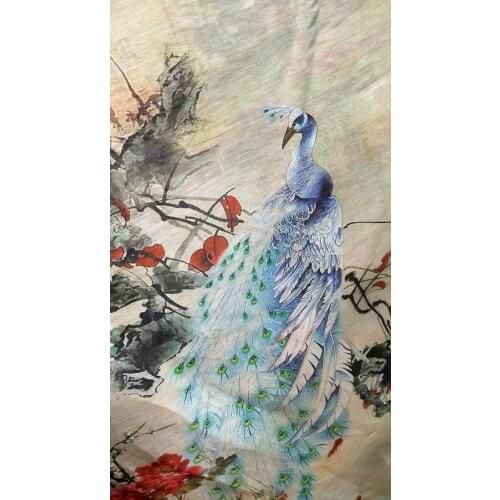 High-quality Japan white Peacock Flowers printed tissu Brand flax 30% Silk Fabric Mulber Silk linen fabric Cloth Hot Sale Dress