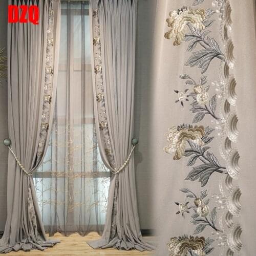 Custom curtains Light luxury gray flannel living room modern embroidered velvet cloth blackout curtain tulle panel C318