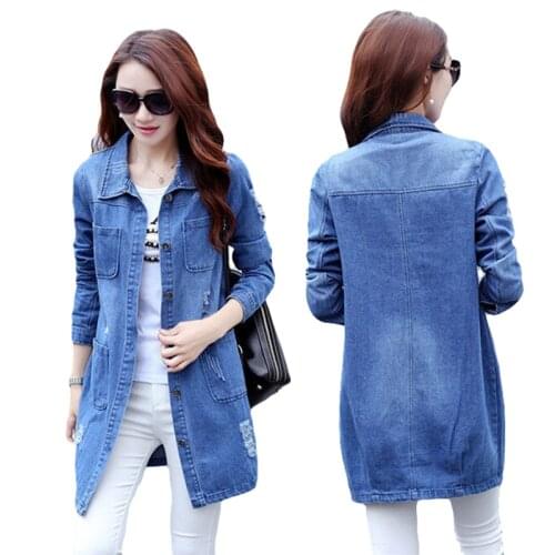 Women Denim Jacket Mid-Length Ripped Cowboy Windbreaker 2021 Spring Autumn New Coat Plus Size Hole Jeans Outwear Female L534