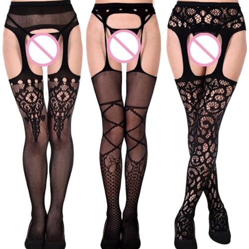 Women Sexy Fishnet Hollow Out Suspender Stocking Ultra Elastic Lace Semi Sheer Nightwear Thigh-High Pantyhose with Garter Belts
