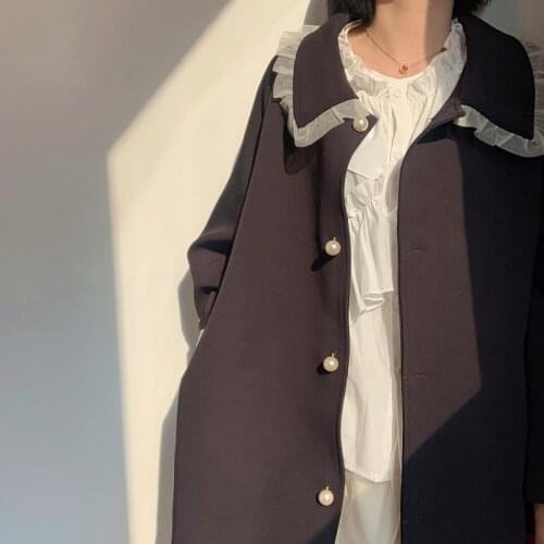 Gothic mid-length black jacket women Korean vintage preppy style kawaii long-sleeved Trench Coats Harajuku Oversize Outerwear