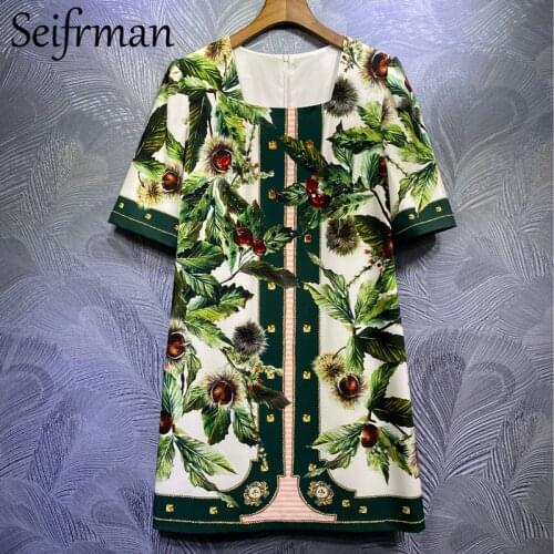 Seifrmann Women Summer Fashion Designer Party Midi Dress Short Sleeve Crystal Floral Print Ladies Loose A-Line Dresses vestidos