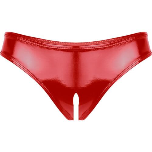 Womens Lingerie Crotchless Underwear Wet Look Patent Leather Open Crotch Sex Panties Costume High Cut Mini Briefs Underwear