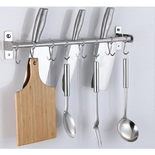 6/8 Hooks Sliver Color Wall Hanging Rail Rack Kitchen Wall Hanging Utensil Shelf Durable Mounted Rack Storage Rustless Shel W6U0