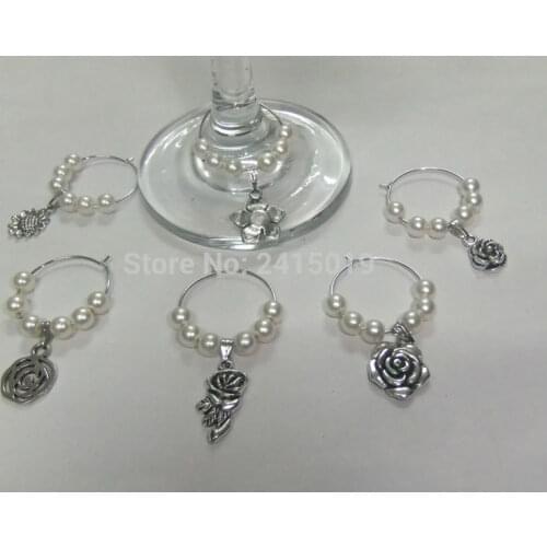 Freeship 24x white mixed flower patterns party wine glass charms markers Wedding Table decoration decorating vinos etiqueta