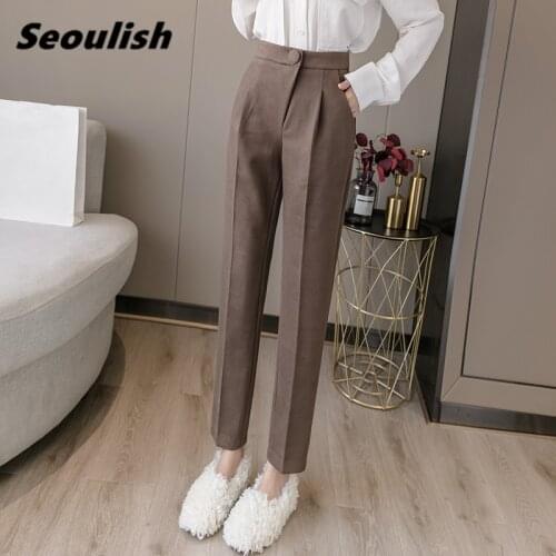 2020 New Autumn Winter Woolen Womens Formal Harem Pants Button High Waist Office Lady Ankle-Length Chic Workwear Pants Pocket