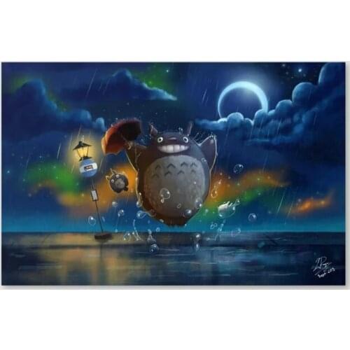 Home Decor Canvas Totoro Fly Moon Sky Paintings Pictures Wall Art Prints Sea Modular Blue Poster For Living Room No Framework