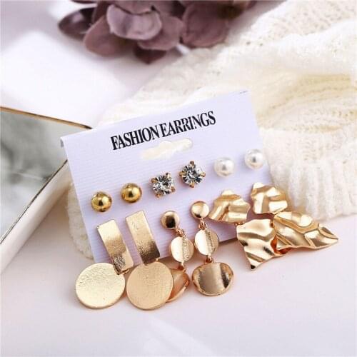 HOCOLE Fashion Geometric Gold Stud Earrings Set For Women Bohemian Statement Crystal Pearl Long Drop Earrings Handmade Jewelry