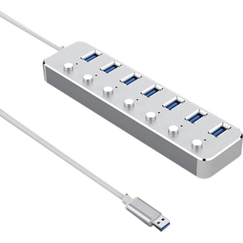 Aluminum Alloy 7 Ports USB 3.0 Hub Sub-Control Switch HUB 60 Cable Upto 5Gbps Splitter(EU Plug)