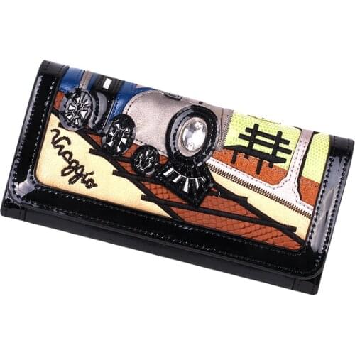 Women Bags Leather Patchwork Embroidery Wallets Girl Clutch Purse Female Billfold Braccialini Brand Style Cartoon Train Station