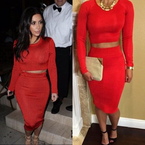 Red 2 piece long sleeve top and pencil skirt 2020 high quality elastic knee length skirt clubware rayon bandage dress