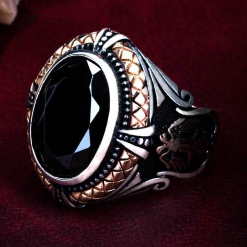 Double Eagle Men Silver Ring Black Zircon Stone Men Ring Animal Style Jewelry Turkish Men Accessories 925K Silver